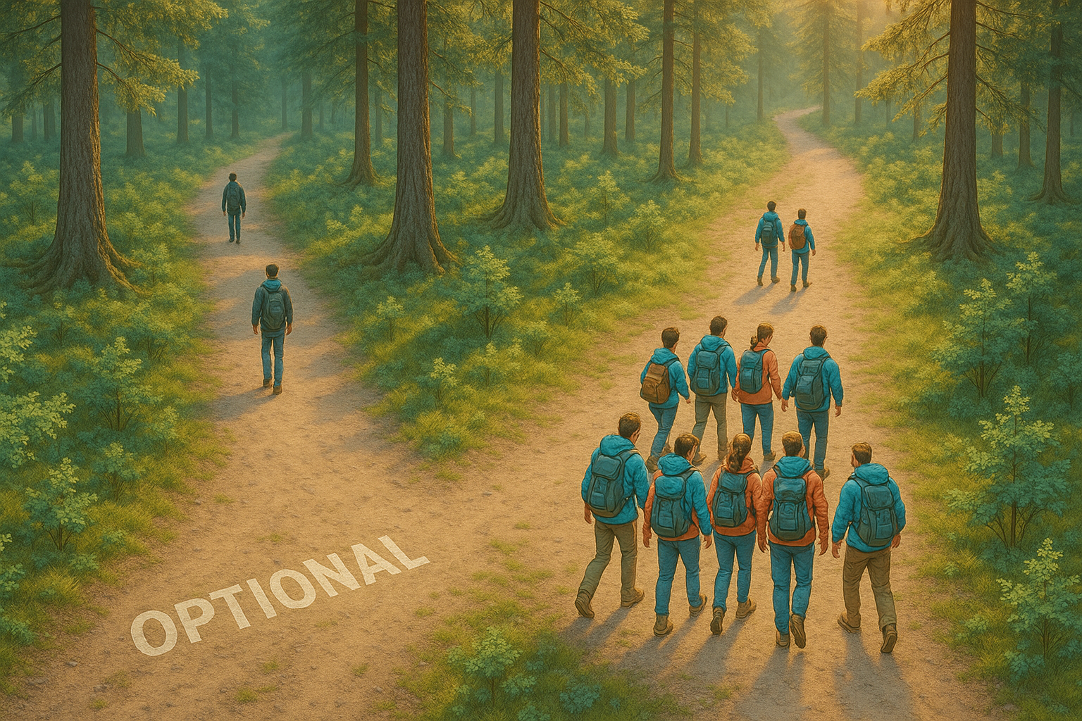 A bright aerial view of a forest trail splitting into two sunlit paths. A few solo hikers walk calmly on the “Optional” path, while a friendly group in coral and teal gear walks together on the other path under warm, golden sunlight filtering through tall trees.