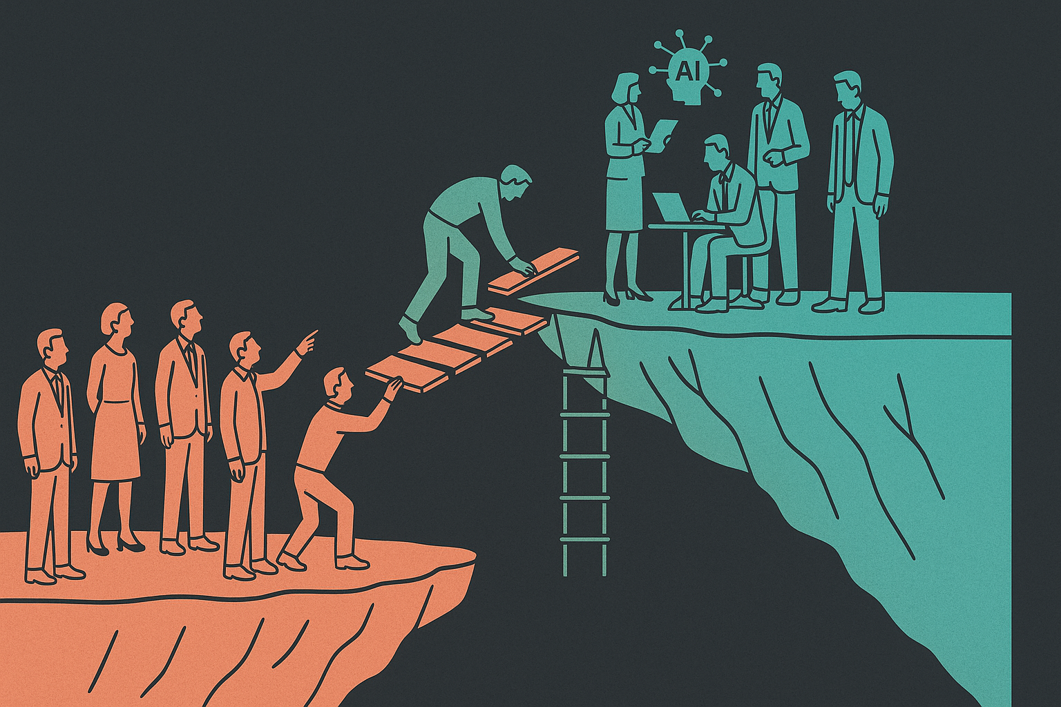 Conceptual illustration showing two groups of professionals on separate cliffs—one in coral, one in teal—building a bridge between them with planks and a rope ladder. The teal group uses AI technology, symbolizing closing the education and technology divide.