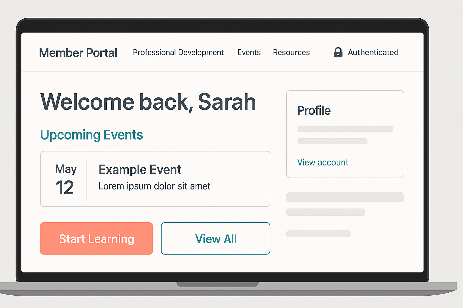 A modern laptop screen displays a clean member portal interface with navigation tabs, a welcome message, upcoming events, and coral and teal action buttons.