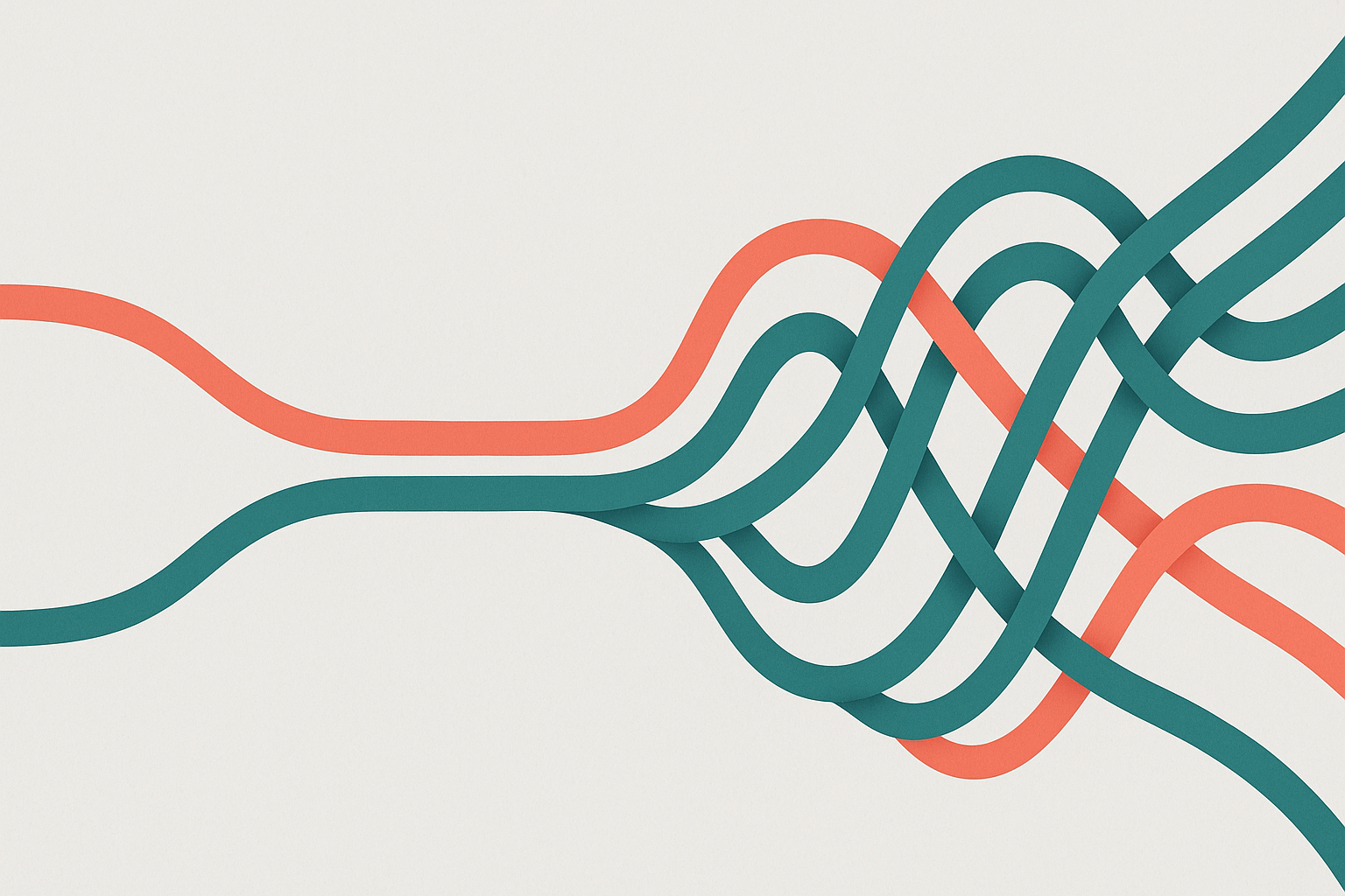 Abstract illustration of two flowing lines—one coral and one teal—intertwining smoothly across a light gray background, symbolizing two paths merging into one.