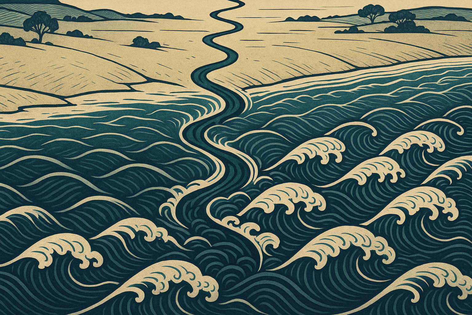 A stylized Japanese woodblock print of a stream winding through land, widening into bold indigo and teal ocean waves with cream highlights.