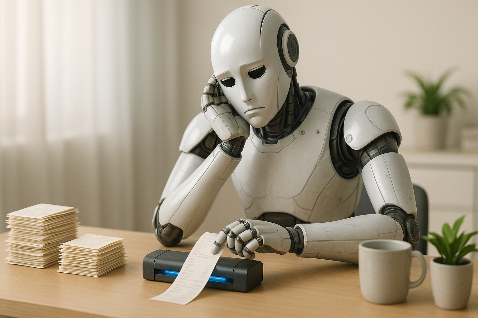 A humanoid robot with a neutral, slightly bored expression scans receipts at a desk with a small blue-lit scanner, coffee mug, and desk plant in a bright office.
