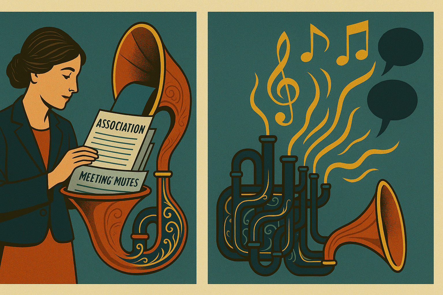 A retro-style diptych illustration shows a woman feeding gray association documents into a gramophone-like machine on the left, while on the right, colorful musical notes and speech bubbles emerge from its pipes.