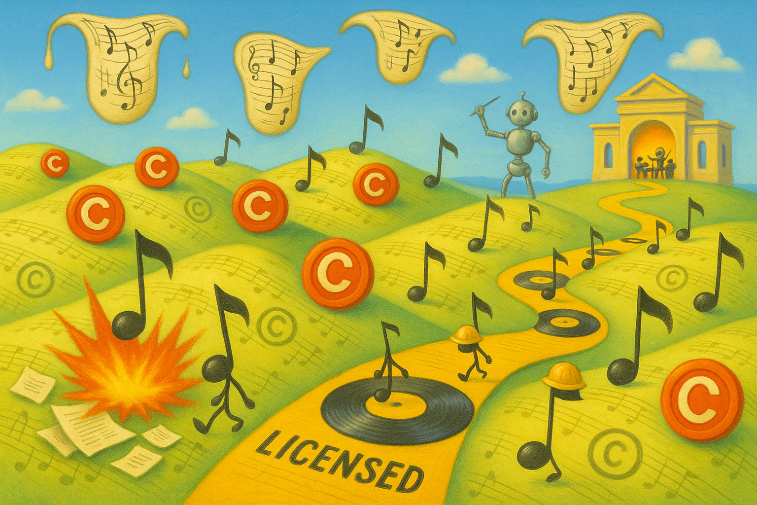 Surrealist landscape of sheet music hills with red copyright symbols as landmines, musical notes in hardhats walking a vinyl record path labeled “LICENSED,” one triggering an explosion of papers, while a robot conductor leads an orchestra near a neoclassical building under melting clocks with notes.