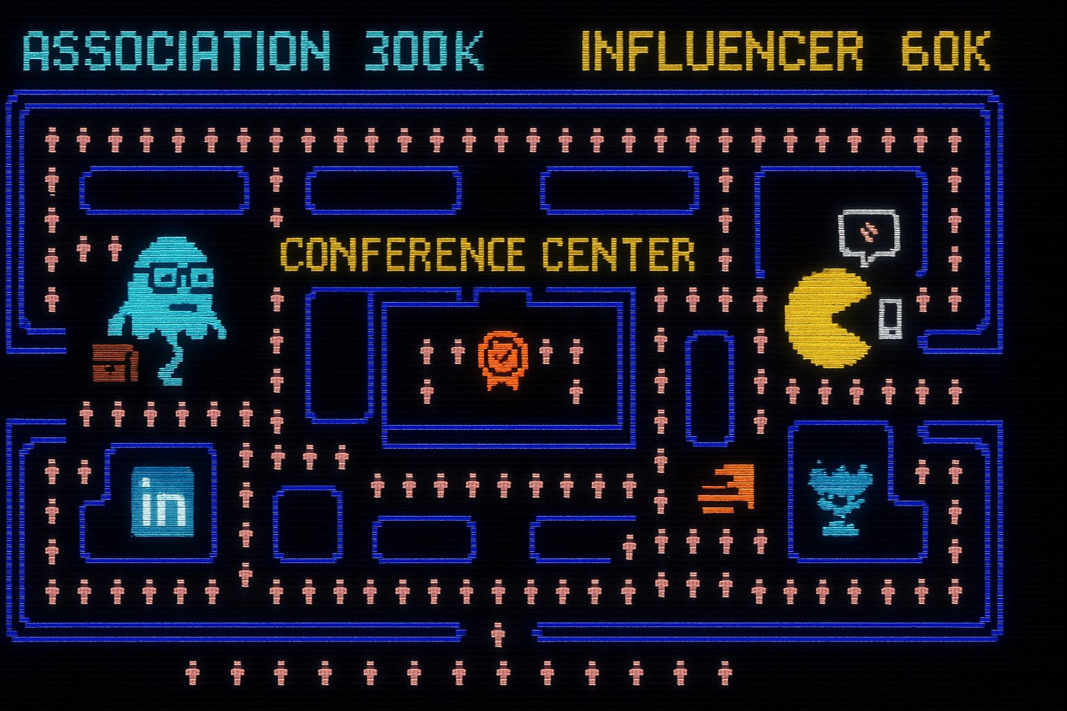 Retro Pac-Man style maze of a conference center with blue ghost association vs yellow Pac-Man influencer, member icons as dots, power-ups, and scores 300K vs 60K.