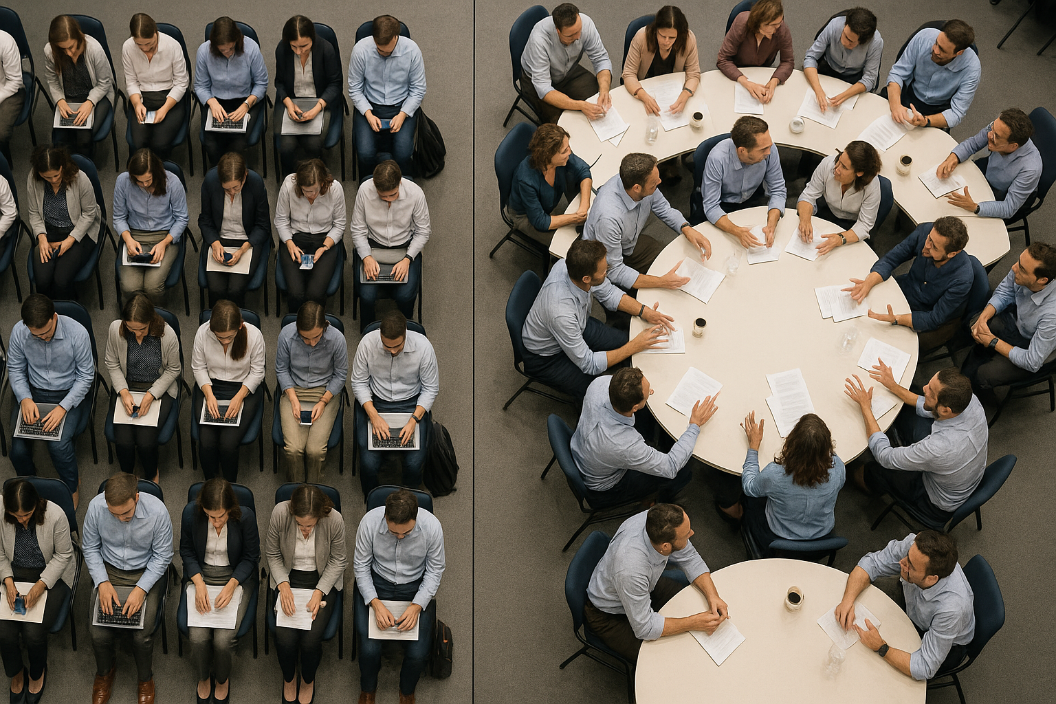 Bird’s-eye view of a conference room split in half: left side shows rows of professionals seated in theater-style, isolated and focused on laptops or phones; right side shows small round tables with groups leaning in, talking, gesturing, and collaborating.