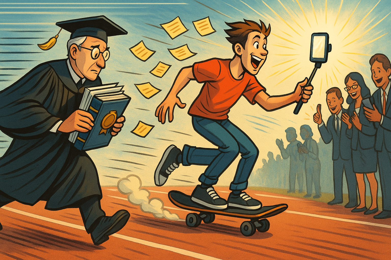 A comic-style illustration of a scholar in robes carrying heavy books and documents, moving slowly on a racetrack, while a smiling skateboarder zooms past with a selfie stick, scattering sticky notes to cheering professionals.