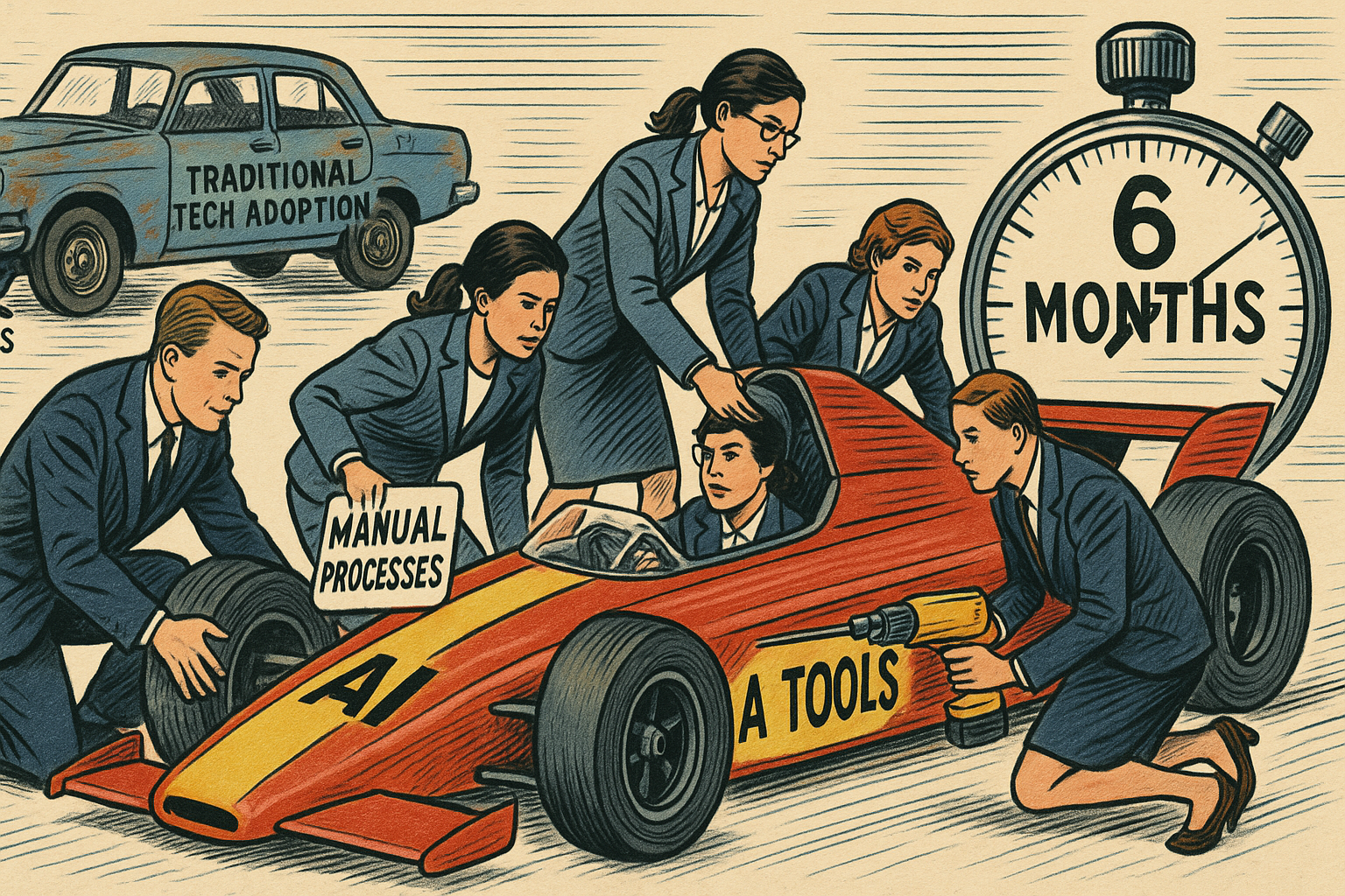 Retro 1960s-style illustration of a pit crew of men and women in business attire rapidly replacing “Manual Processes” with “AI Tools” on a sleek race car, under a stopwatch reading “6 Months,” while a rusty old car labeled “Traditional Tech Adoption” lags behind after “3 Years.”