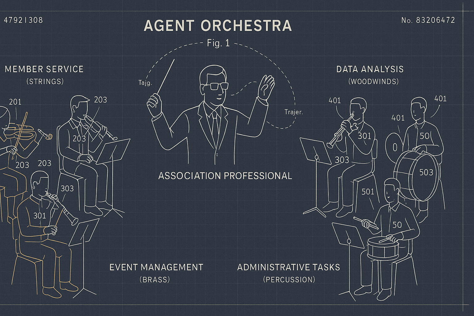 Blueprint-style orchestra of AI agents led by an association professional conductor, labeled like schematics.