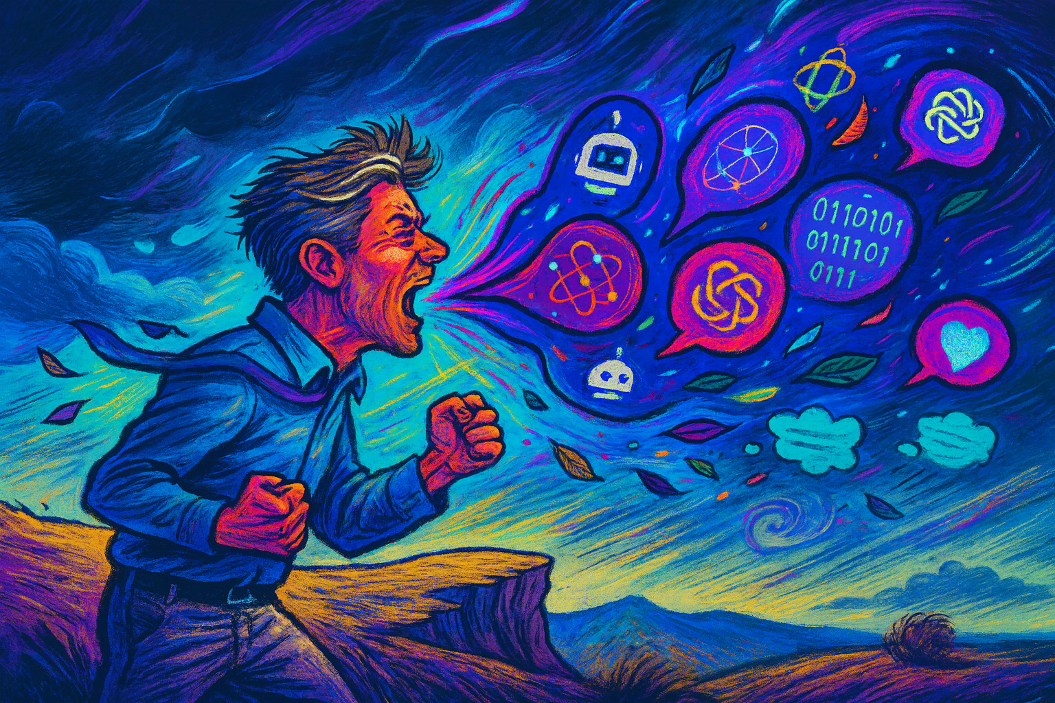 Illustration of a man on a cliff shouting into the wind, colorful speech bubbles with AI symbols swirling away into a stormy sky.