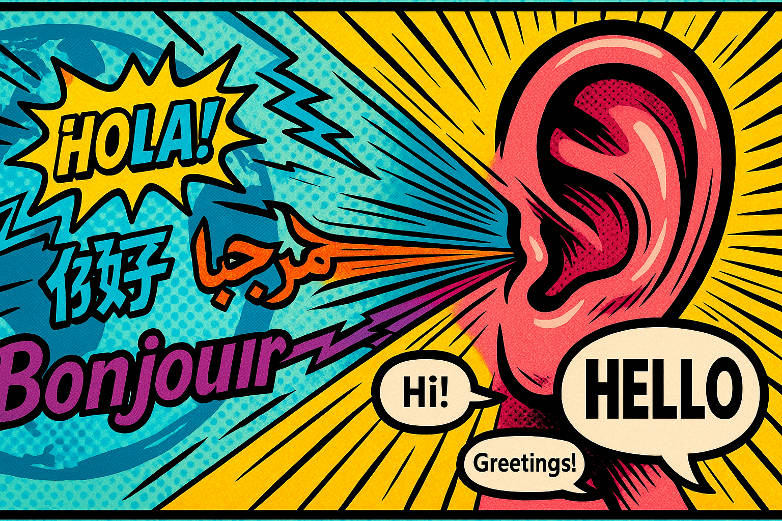 Comic book–style illustration of a large ear with colorful greetings in Spanish, Chinese, Arabic, and French entering it, transforming into English words like “HELLO,” “Hi!,” and “Greetings!” in bold speech bubbles.