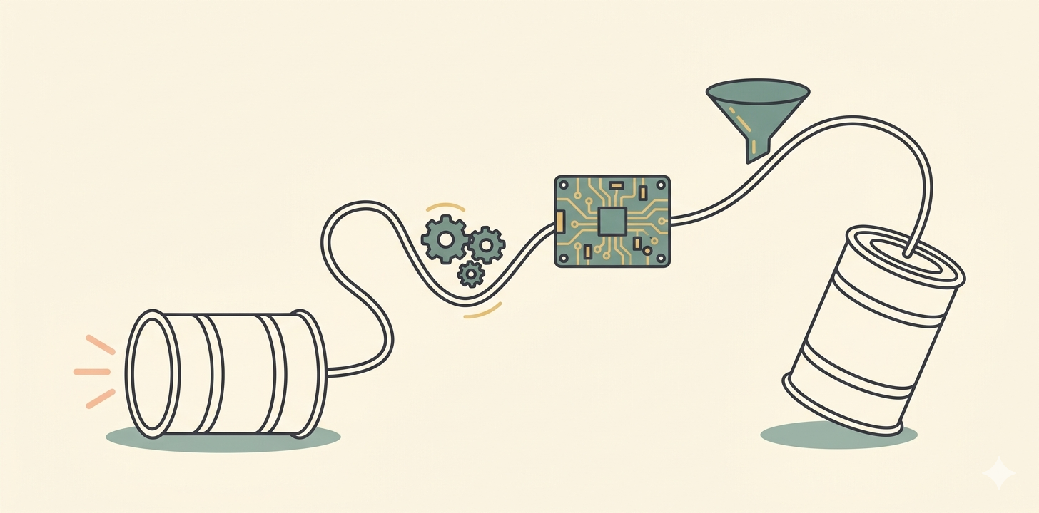 A stylized, vector-style illustration depicting a signal path traveling between two tin cans. On the left, a horizontal tin can has orange sound waves emanating from it, representing speaking. A wavy wire connects this can to a sequence of components along the path: a cluster of gray gears, a green rectangular circuit board, and a gray funnel. The wire finally connects to a vertical tin can on the right, which is slightly tilted as if for listening. The image is on a solid light background with subtle gray shadows beneath the cans.