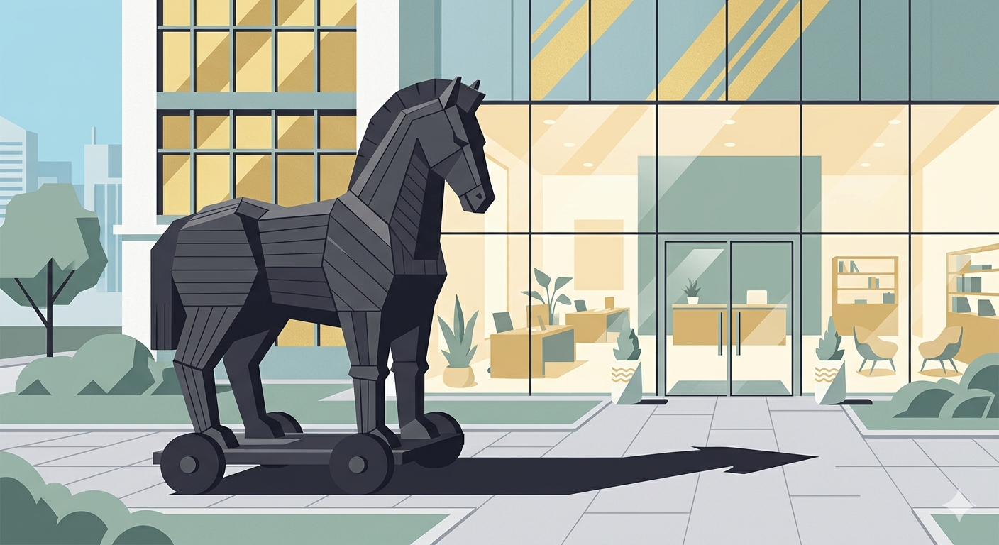 A large, stylized Trojan horse on wheels, rendered in a flat vector style, stands on a paved walkway in front of a modern, glass-facade office building.