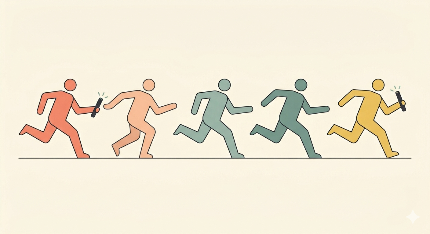 A minimalist, flat design illustration showing five simplified, colorful human figures in a running sequence against a textured cream background. The first (orange) and last (yellow) figures are holding glowing torches, while the three middle figures (peach, light teal, dark green) run with empty hands.