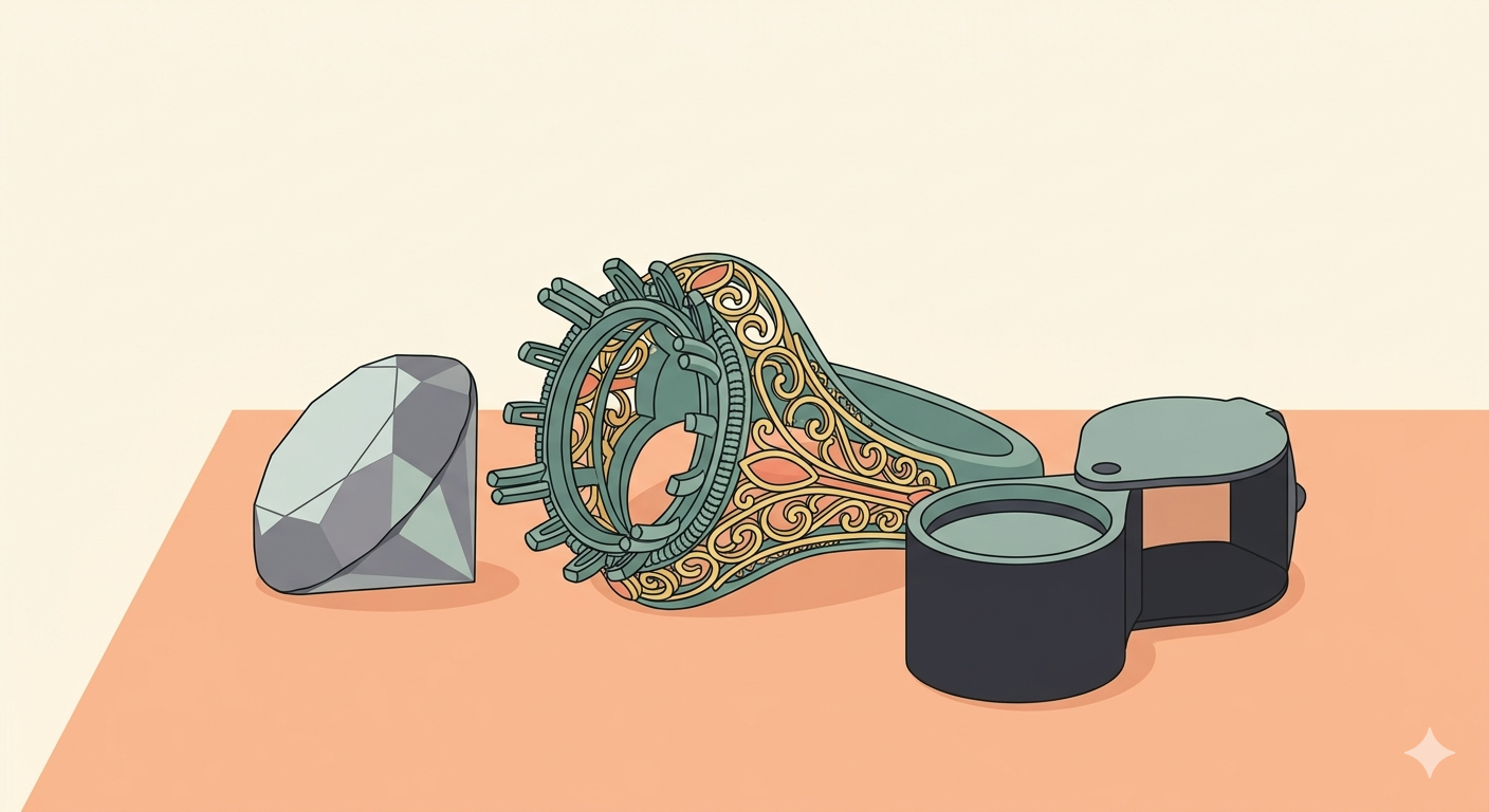 A flat-lay illustration of a jeweler's workbench features an uncut gray gemstone on the left, an intricate teal and gold ring setting with filigree details in the center, and a charcoal gray jeweler's loupe on the right, all on a peach surface against a cream background.