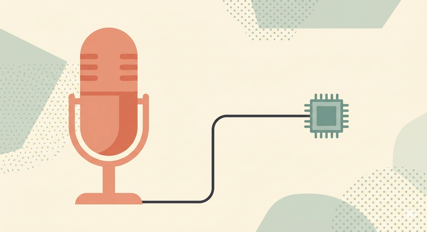 A flat vector editorial illustration in warm tones on a textured cream background. It features a large coral microphone connected by a dark gray, single line to a small, teal, rectangular microchip, illustrating the concept of large AI processing capabilities in compact hardware. The image uses muted sage and olive organic shapes with dotted patterns.