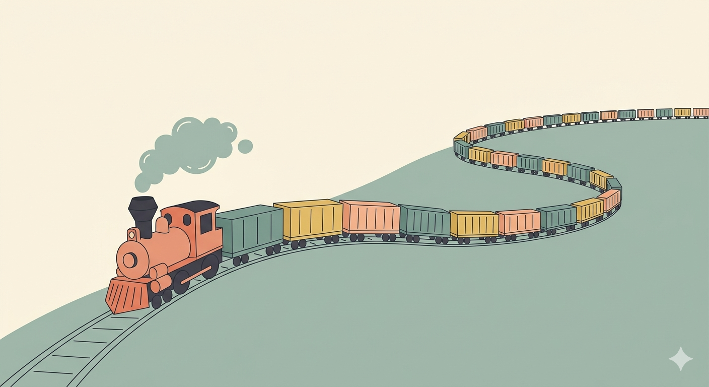 An illustrative vector drawing of a vintage steam train with an orange-red locomotive and a very long line of alternating colored (yellow, green, pink) freight cars. The train travels along a single, winding track that curves up and over large, rolling, sage-green hills, receding into the distance against a plain, light beige sky. Greenish-gray steam billows from the locomotive's stack.