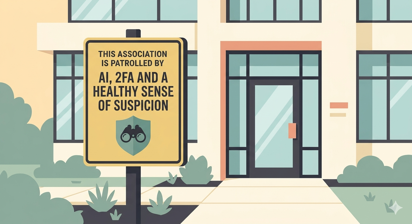 A flat vector illustration of a yellow sign in front of a modern office entrance. The sign reads: 