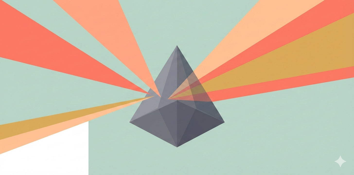 A wide, modern abstract illustration featuring a faceted charcoal gray prism with slight transparency against a light teal and sage background.