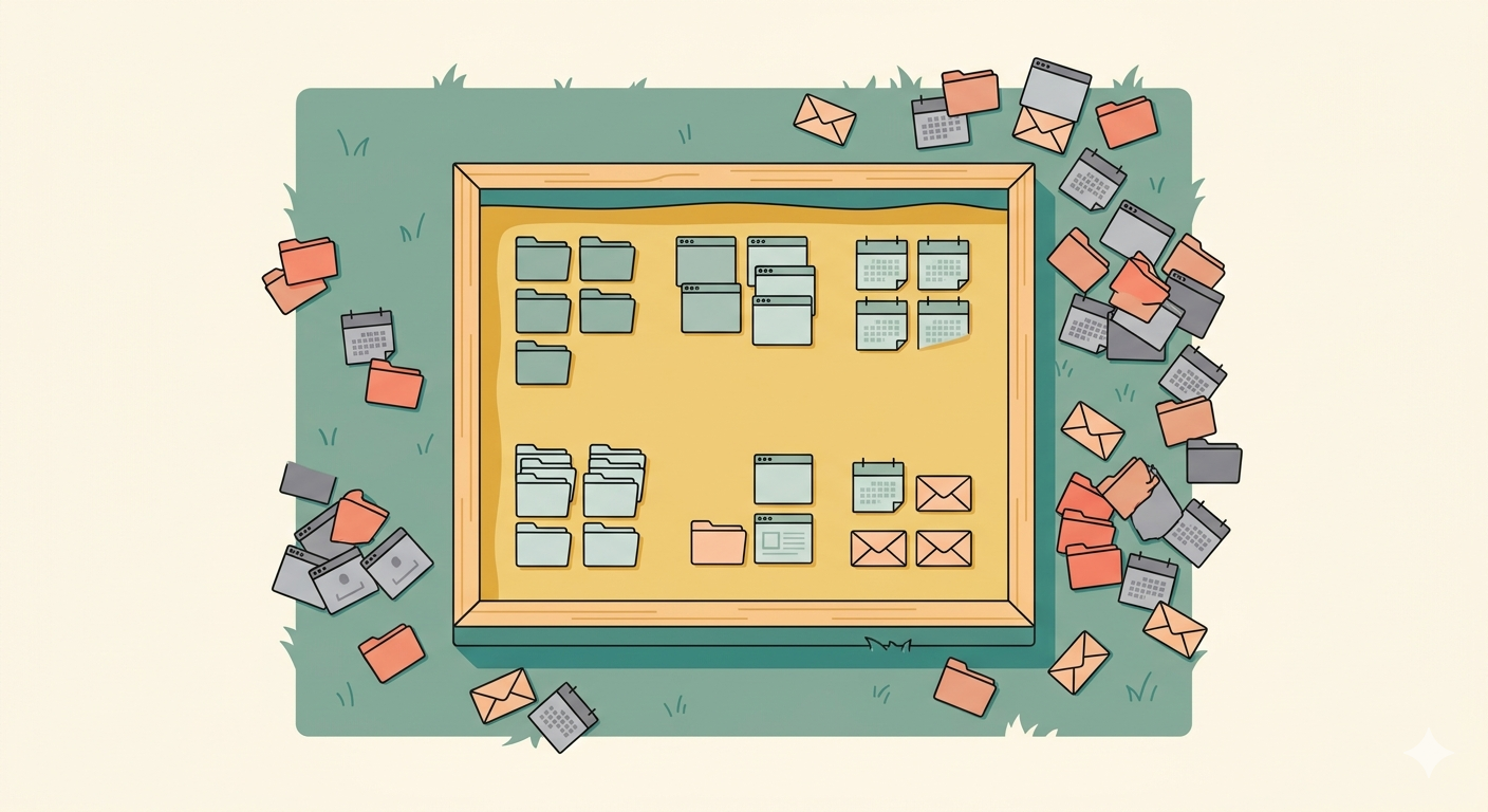 An overhead editorial illustration in a flat graphic style shows a wooden sandbox on green grass. Inside the sandbox, digital file folders, browser windows, and calendars are neatly organized. Outside the sandbox, the same digital elements are scattered chaotically and disorganized on the grass.