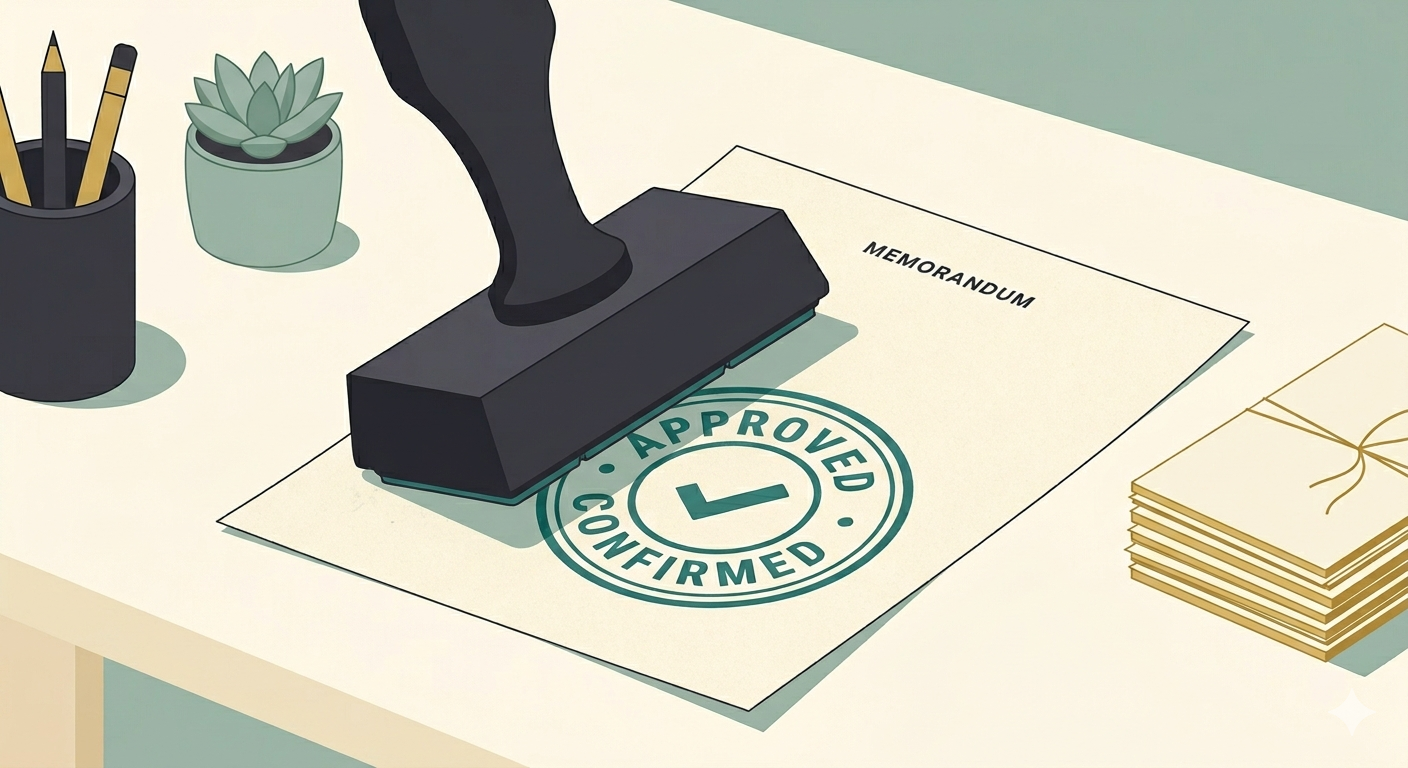 A clean, modern illustrative rendering of an office desk scene. A large, black rubber stamp with a distinctive handle is actively pressing down onto a piece of cream-colored paper. The paper, labeled 