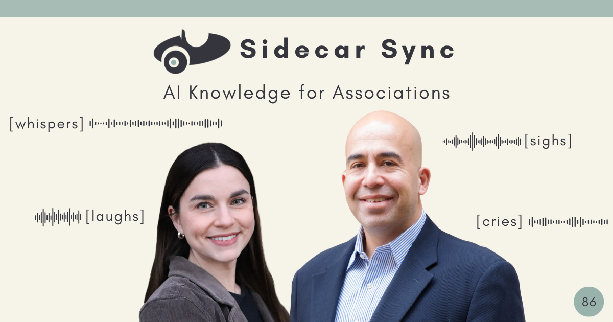 Sidecar Sync podcast episode cover featuring hosts Mallory and Amith, with the tagline 'AI Knowledge for Associations' and playful sound effect captions like [laughs], [sighs], [whispers], and [cries]. Episode 86.