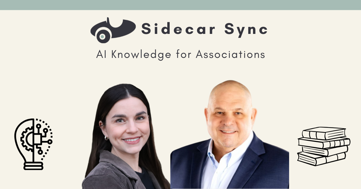Sidecar Sync podcast banner featuring Mallory Mejías and John Spence, with tagline 'AI Knowledge for Associations' and icons representing innovation and learning.