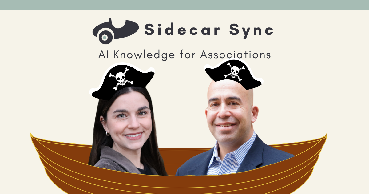 Sidecar Sync podcast hosts wearing pirate hats, sitting in a cartoon rowboat under the title 'AI Knowledge for Associations'.