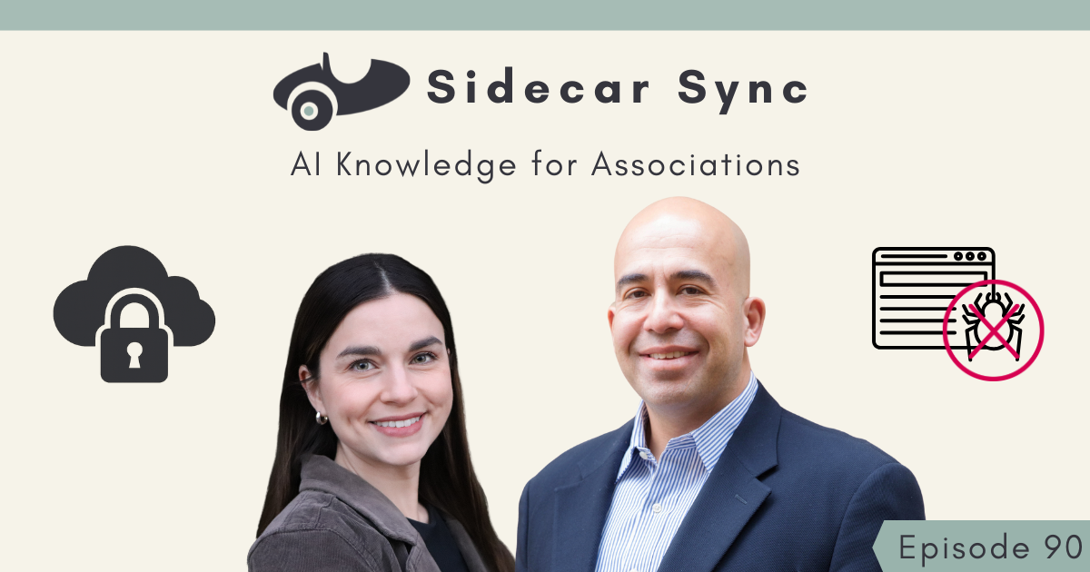 Podcast cover for Sidecar Sync Episode 90, titled ‘AI Knowledge for Associations.’ Features hosts Mallory Mejías and Amith Nagarajan smiling
