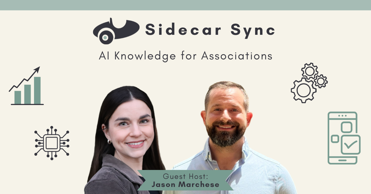 Sidecar Sync podcast promotional graphic featuring co-host Mallory Mejías and guest host Jason Marchese. The text reads 'AI Knowledge for Associations' with icons representing data growth, technology, gears, and mobile interfaces.