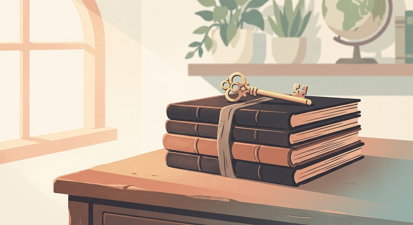 A vintage brass key resting on a stack of leather ledgers on a wooden desk.
