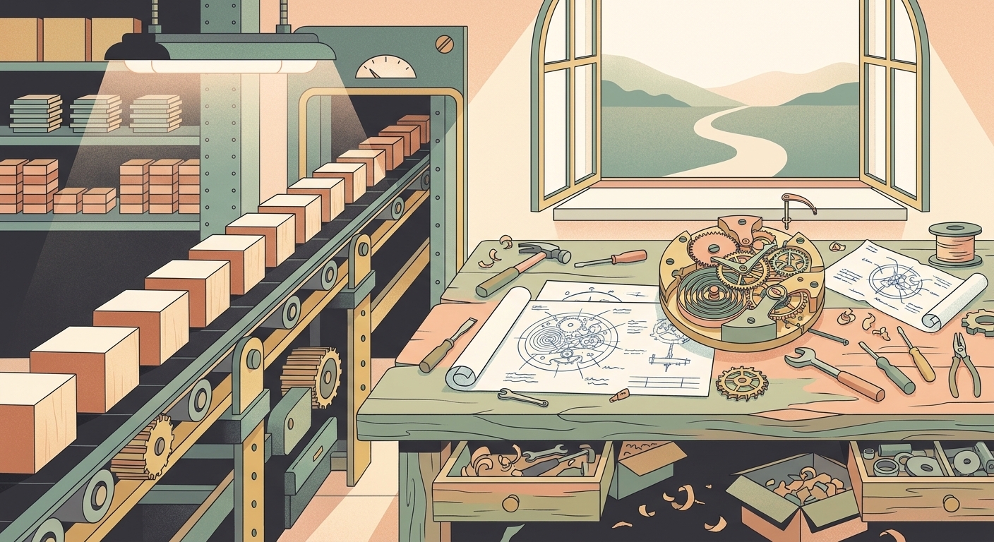 An illustration of a workshop contrasting a rigid conveyor belt with a creative workbench full of tools and blueprints.