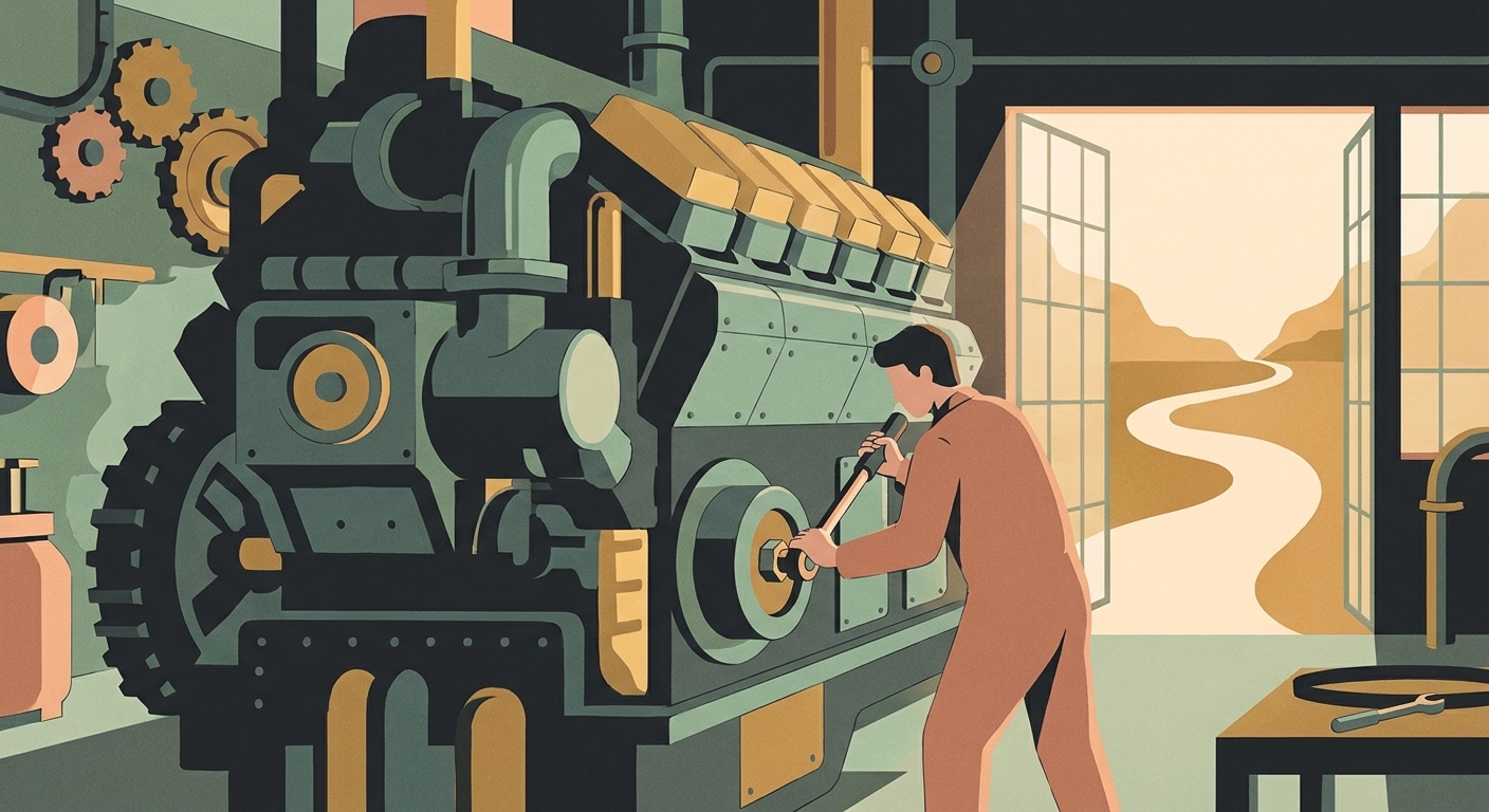 A mechanic carefully tightening a bolt on an older piece of machinery.