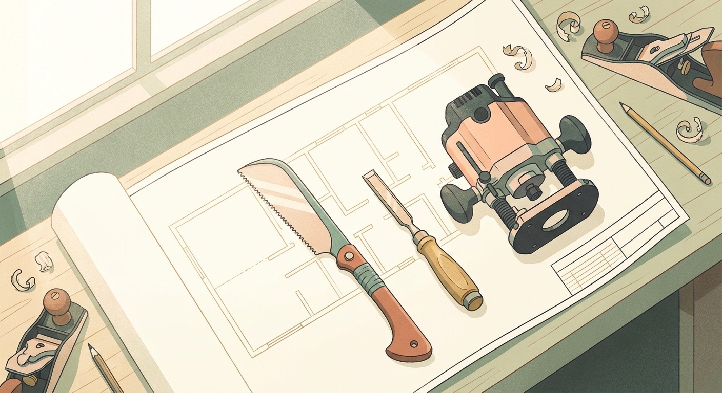 A wooden workbench displaying a variety of specialized carpentry tools resting on an architectural blueprint.
