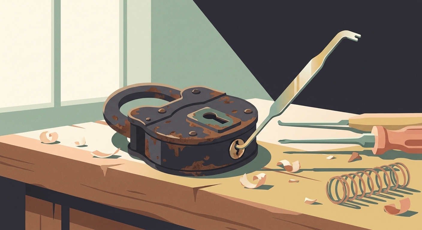 Illustration of a rusted padlock being opened by a modern tension wrench on a wooden workbench.