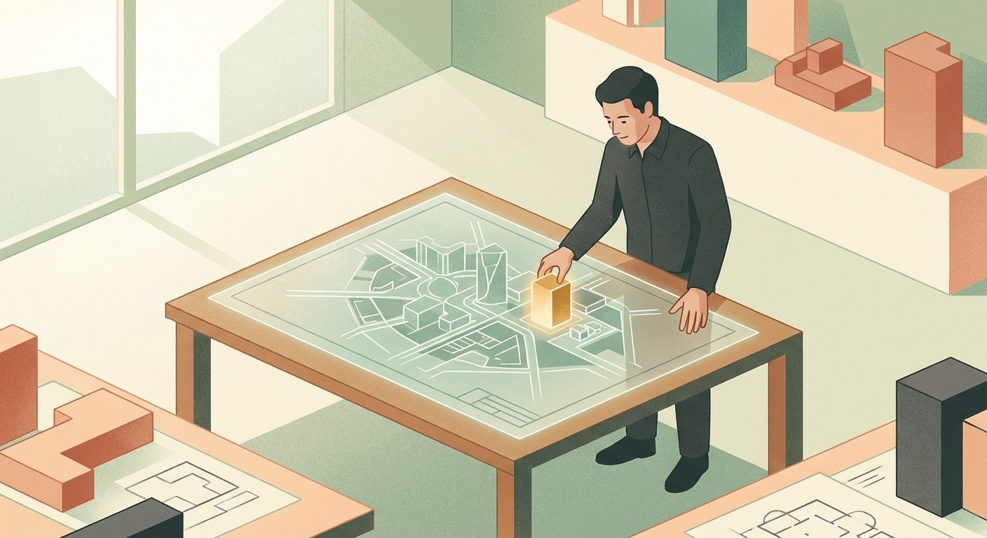An architect adjusting a glowing building block on a large translucent city blueprint.