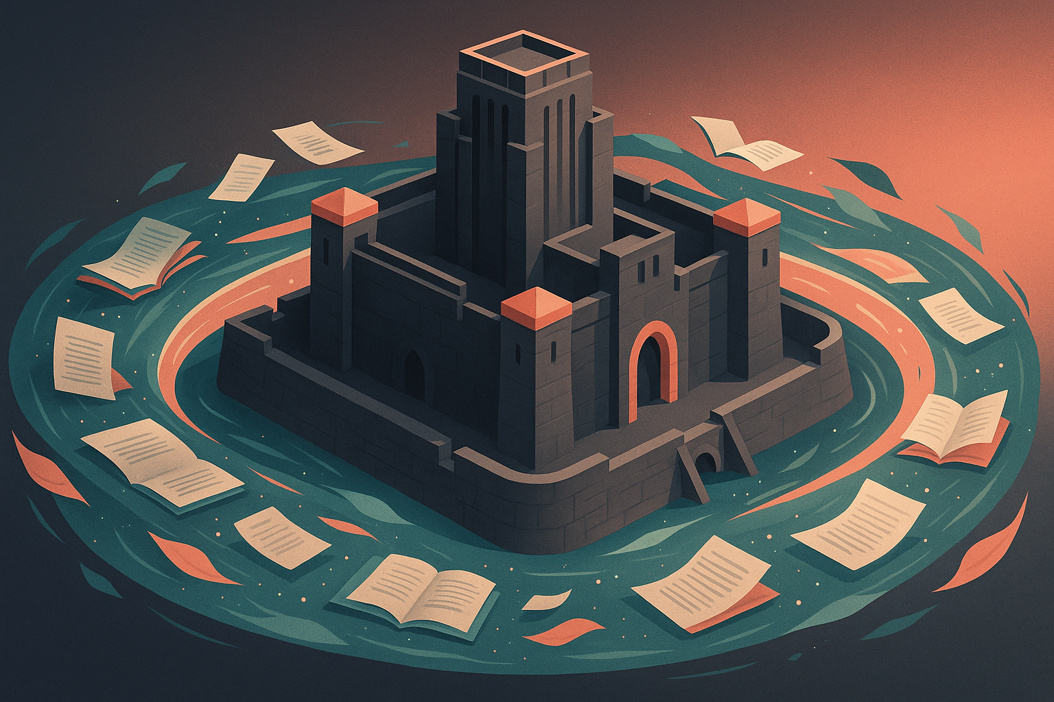 “Stylized aerial view of a modern Art Deco–influenced fortress surrounded by a glowing teal-and-coral moat made of swirling documents and pages, set against a charcoal-to-coral gradient sky.
