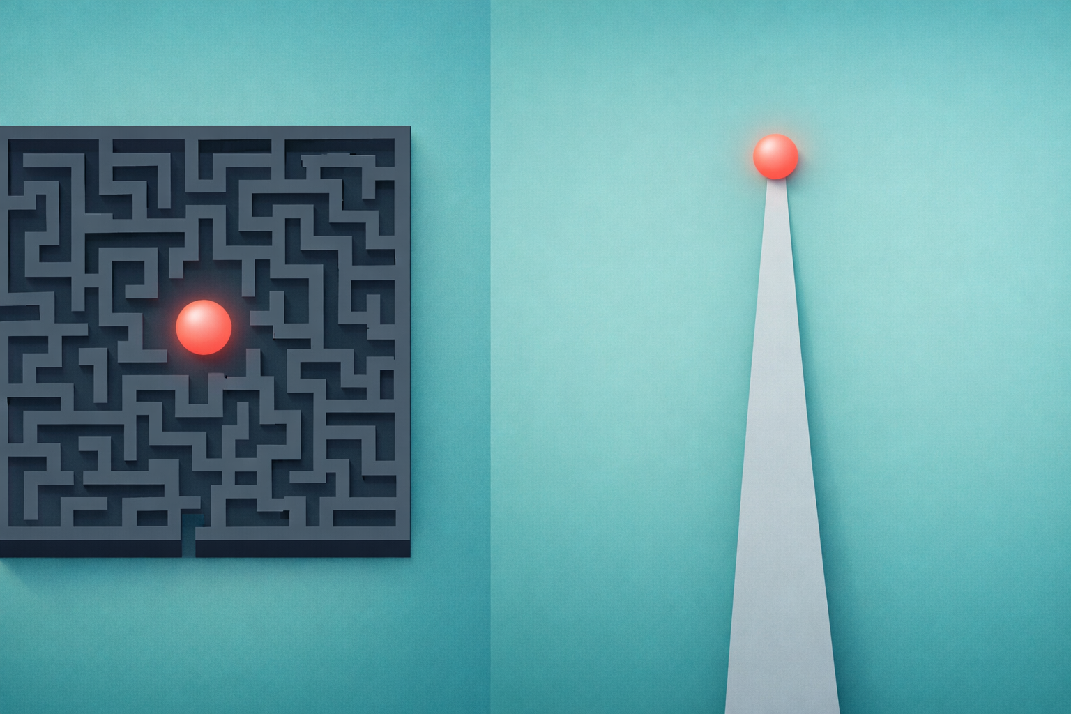 Overhead minimalist illustration split in two: on the left, a dark charcoal maze with a glowing coral orb at its center; on the right, a straight simple path leading to the same glowing coral orb, set on a soft teal gradient background.