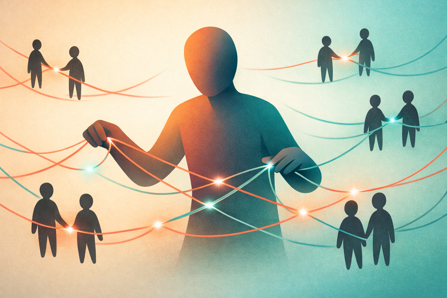Abstract illustration of a central figure weaving glowing coral and teal threads to connect smaller charcoal silhouettes in a web-like network, set against a soft cream-to-teal gradient background.