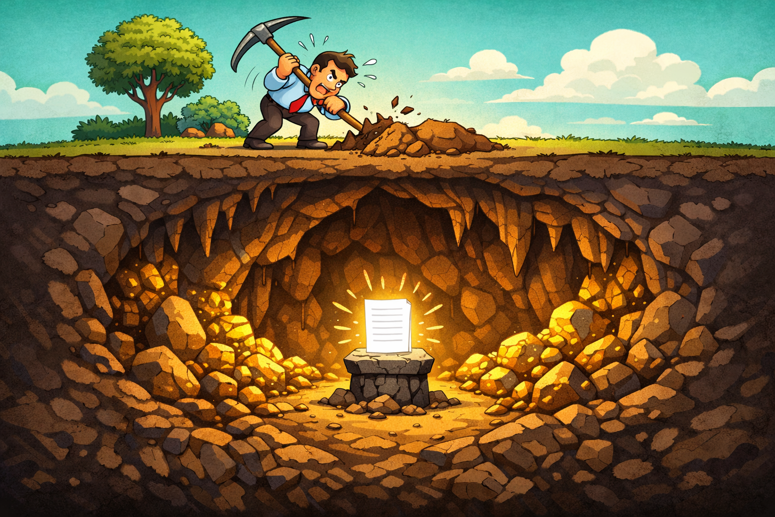 Illustrated cross-section showing a tiny business-casual figure struggling with a pickaxe at the surface, while far below a glowing document rests on a pedestal in a vast gold mine cavern, emphasizing the depth between effort and reward.