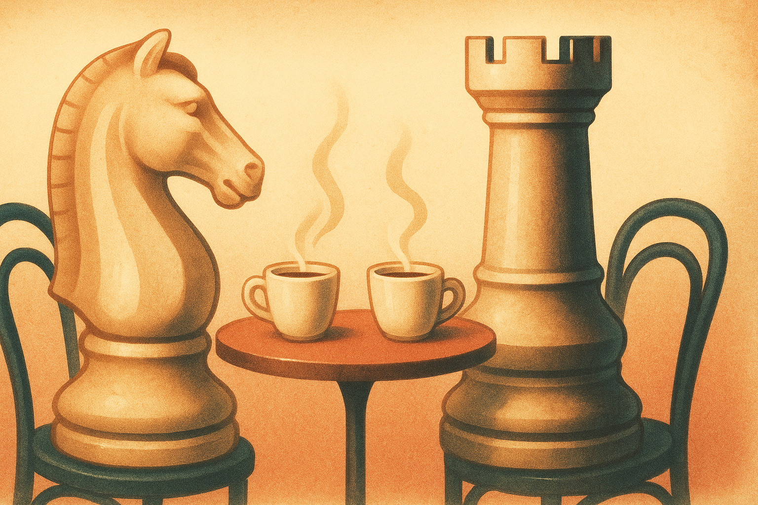 A vintage 1970s-style illustration of a knight and rook chess piece sitting across a small round café table with two steaming cups of coffee, in warm cream and coral tones with subtle grain.