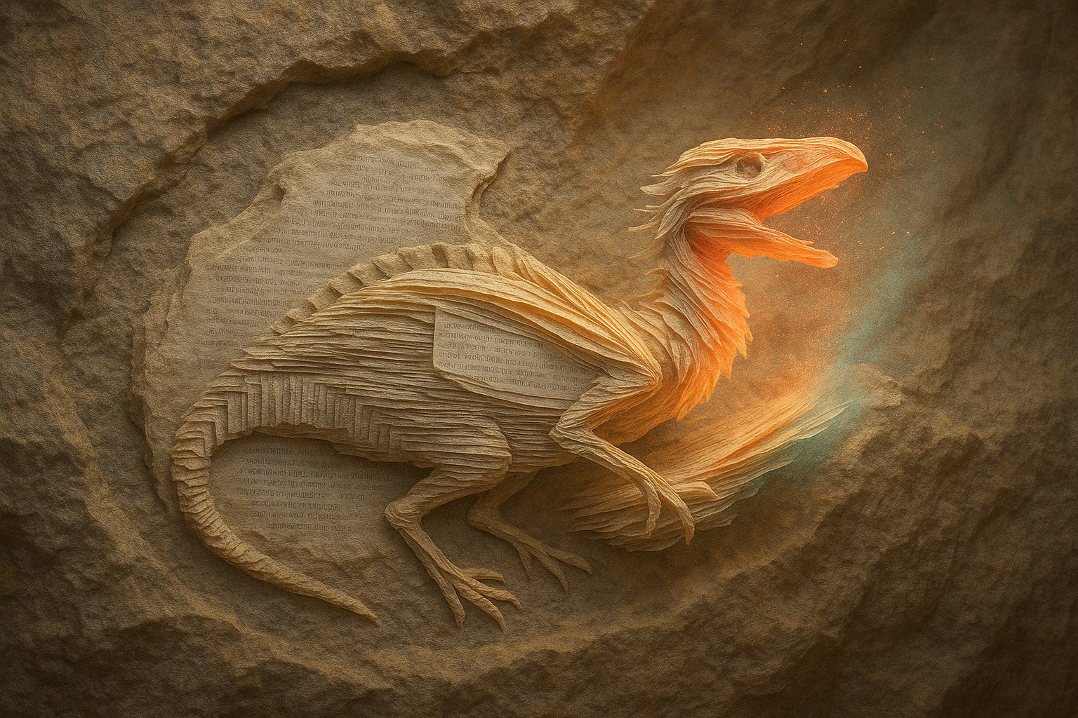 Close-up of a fossil embedded in sedimentary rock, but the fossil is made of layered paper and compressed documents with faint text. One section breaks free and becomes three-dimensional, glowing coral and teal as particles rise, while the rest remains flat, gray, and muted under strong overhead light.