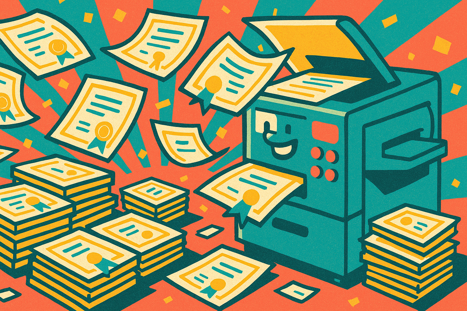 Whimsical pop-art illustration of a smiling retro copy machine spitting out bright yellow certificates like confetti, papers flying and stacking in messy piles against a coral-and-teal geometric background with risograph texture.