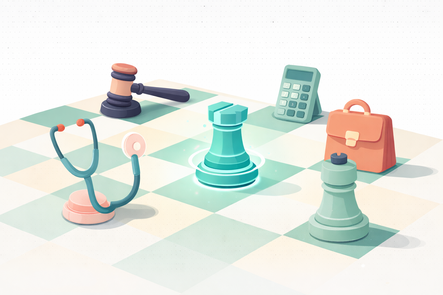 Chessboard with industry-themed pieces and a glowing teal tech piece at the center.