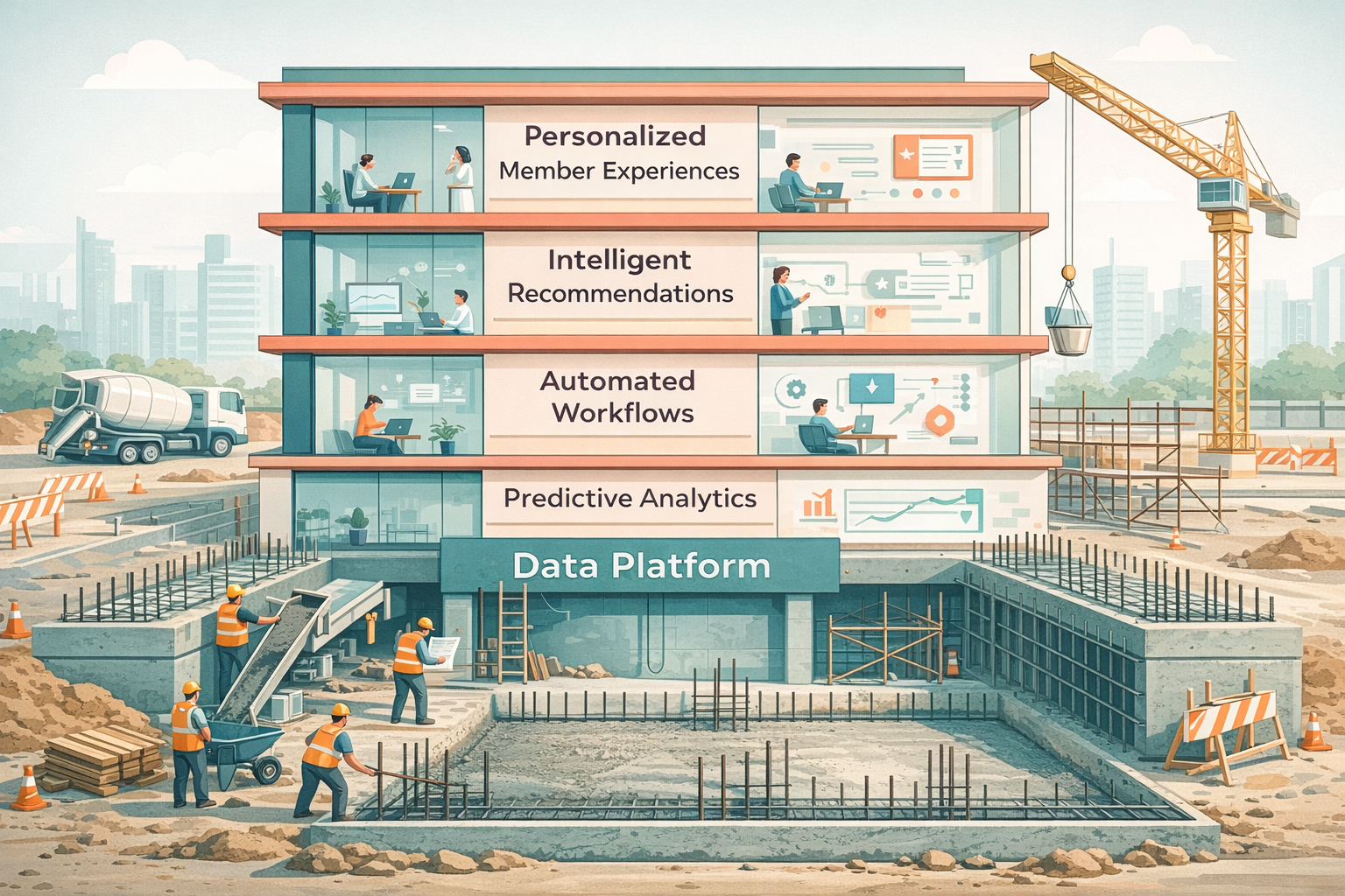 Cross-section illustration of a building where polished AI capabilities sit above an unfinished data platform foundation under construction.