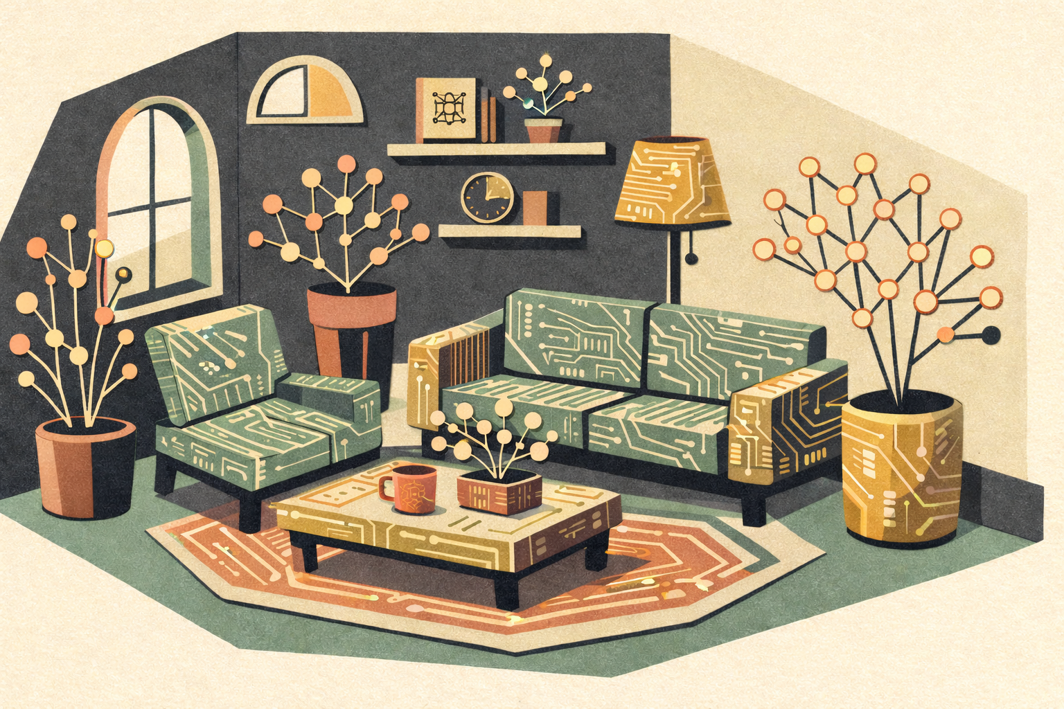 Mixed-media editorial illustration of an oddly shaped room in sage green, cream, charcoal, muted coral, and gold, featuring circuit board–patterned furniture and stylized neural network plants in a warm, papercut-style interior scene.