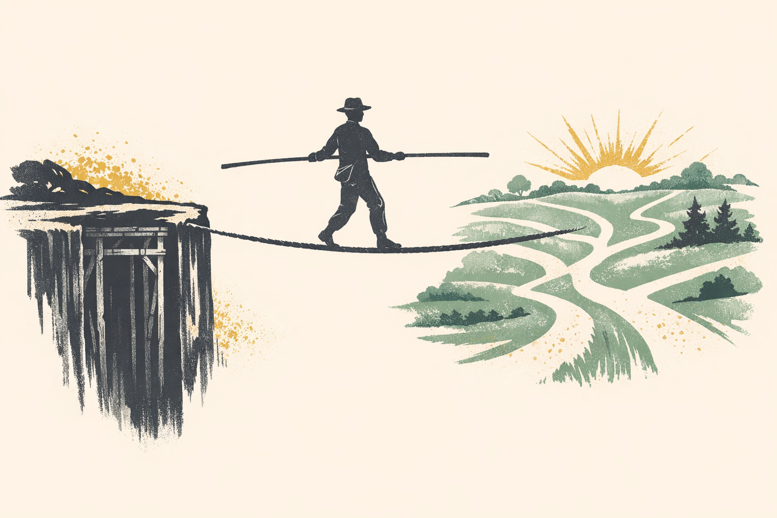 Tightrope walker in charcoal and sage balances between a deep mine shaft on the left and a branching open landscape on the right, set against a warm cream background with soft gold accents.