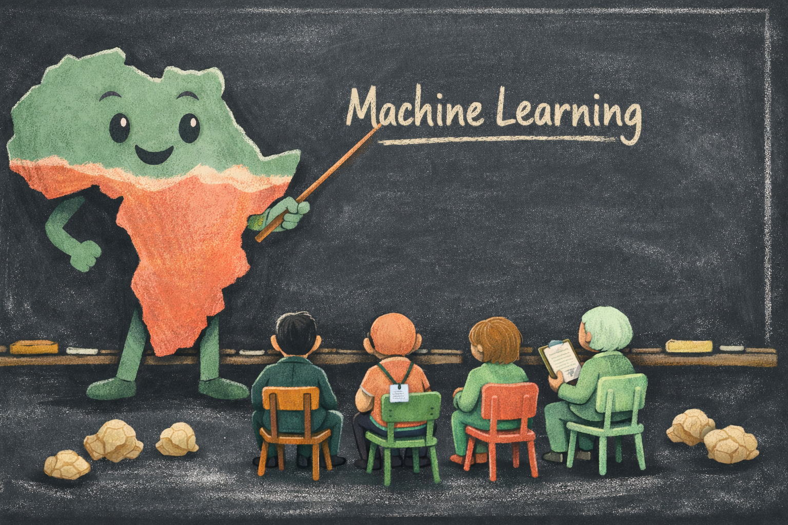 Chalk-style classroom illustration with a smiling map of Africa as the teacher pointing to a chalkboard that reads “Machine Learning,” while four small figures sit in mismatched chairs facing the board, with crumpled paper on the floor against a dark background.