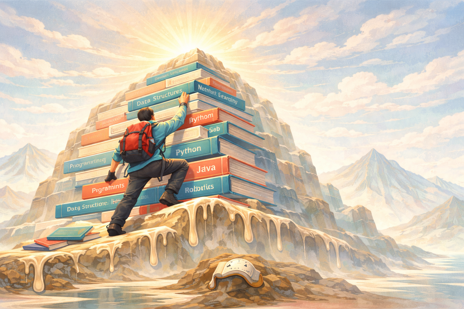 Illustration of a person climbing a mountain made of technical books toward a bright summit.