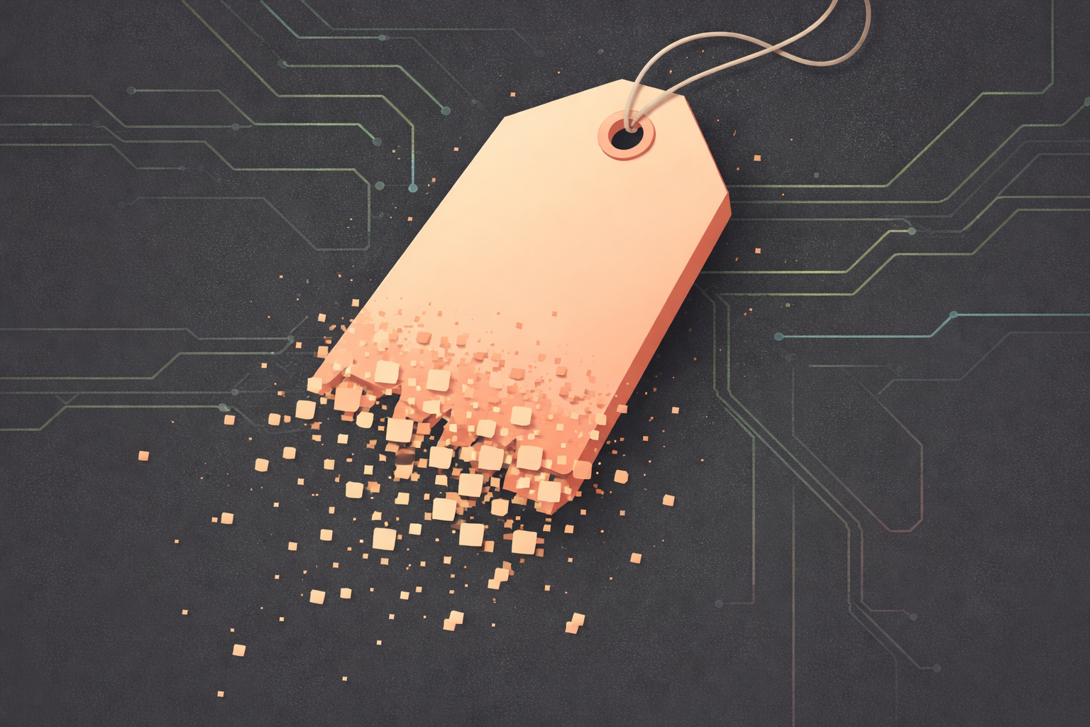 Oversized peach and salmon price tag dissolving into small pixel fragments from the bottom, set against a dark charcoal background with subtle sage and teal circuit board lines.